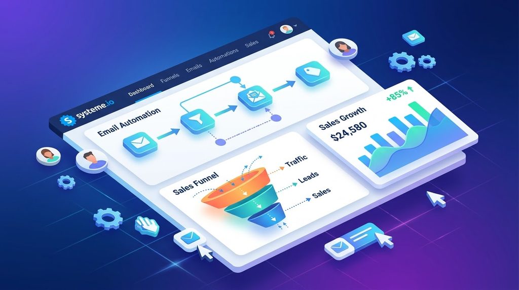 Systeme.io interface illustrating the platform's features