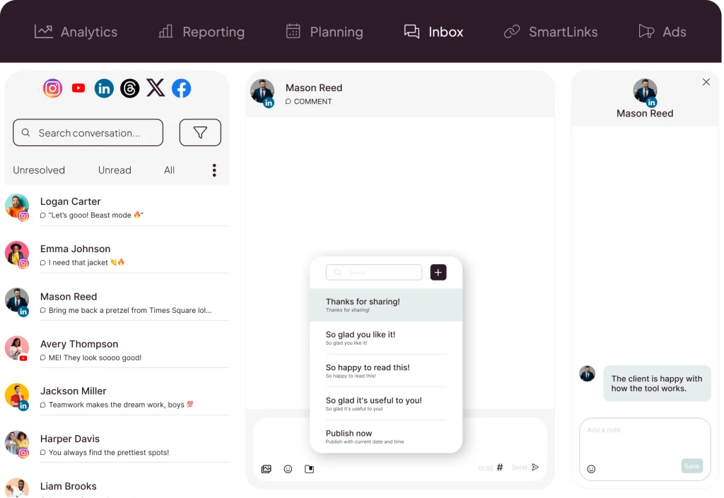 Metricool inbox for managing supported social media messages and comments