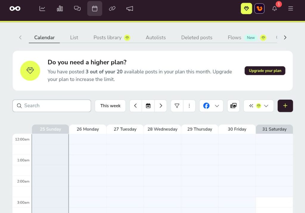 Metricool Planner calendar for organizing and scheduling social media posts