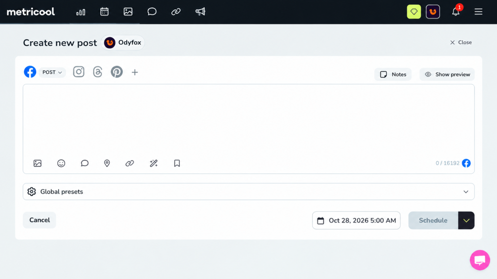 Metricool post editor showing options to create a social media post and add media