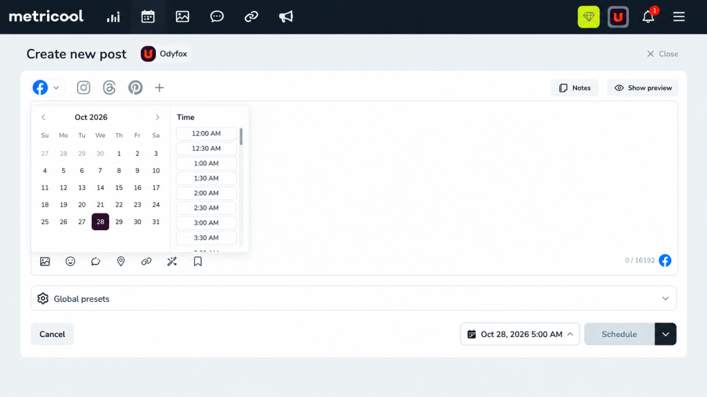 Metricool scheduling interface for selecting a publishing date and time