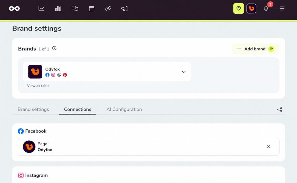 Metricool dashboard showing social media accounts available to connect