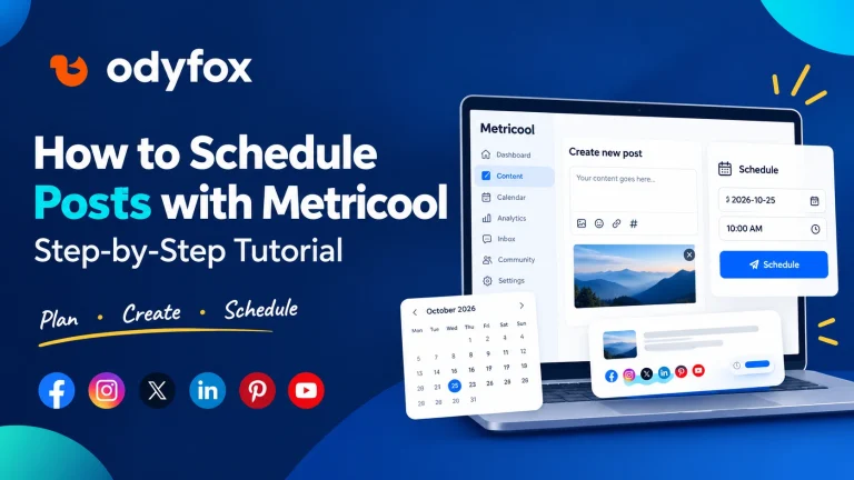 Odyfox tutorial showing how to schedule social media posts with Metricool