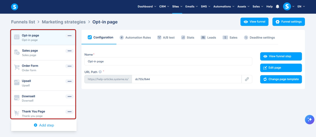 Systeme.io vs ClickFunnels: Which Is Right for You? Systeme.io sales funnel editor showing funnel steps and page configuration