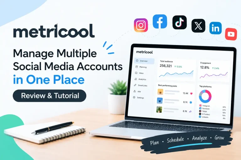 Illustration of a Metricool-style social media dashboard on a laptop, showing analytics charts and social platform icons for managing multiple accounts in one place.